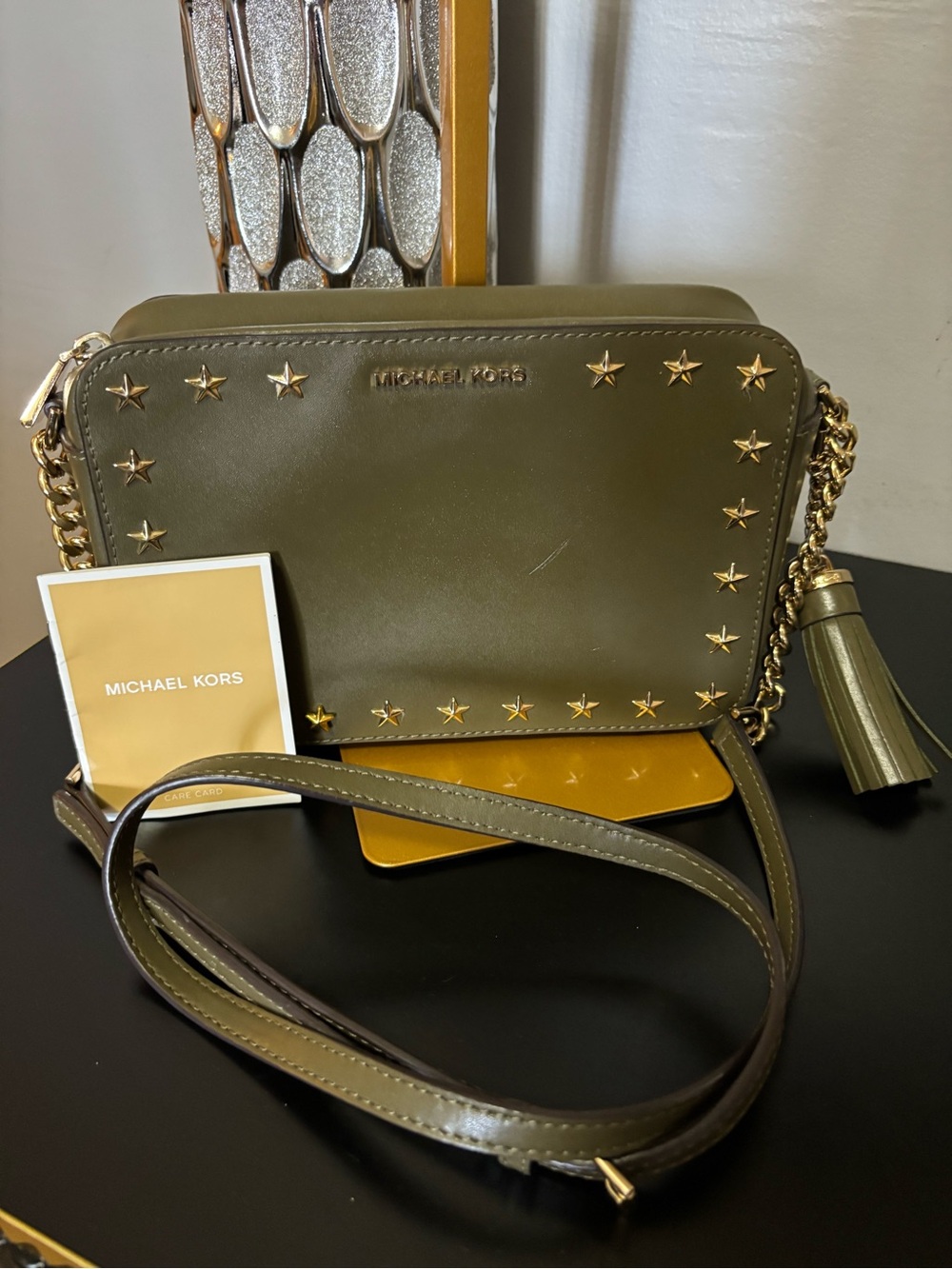 Michael Kors Ginny Olive Green Leather Star Studded Camera Crossbody Bag
